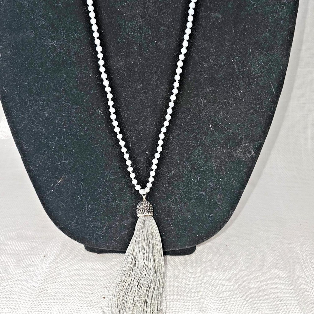 Boho Gray Faceted Glass Bead Long Tassel Necklace Silver Rhinestone Cap Jewelry